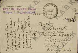 Ταχυδρομική ευχετήρια κάρτα προς τον Ν.Π. Δελιαλή από τον Dr. Horvath Endre  από Βουδαπέστη